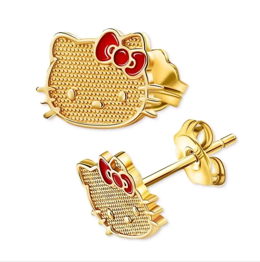Red Enamel Gold Bow Hello Kitty Stud Earrings